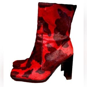 David Aaron Women's Vintage Boots Cow Fur Heeled Red "Mango" | Size 6M
